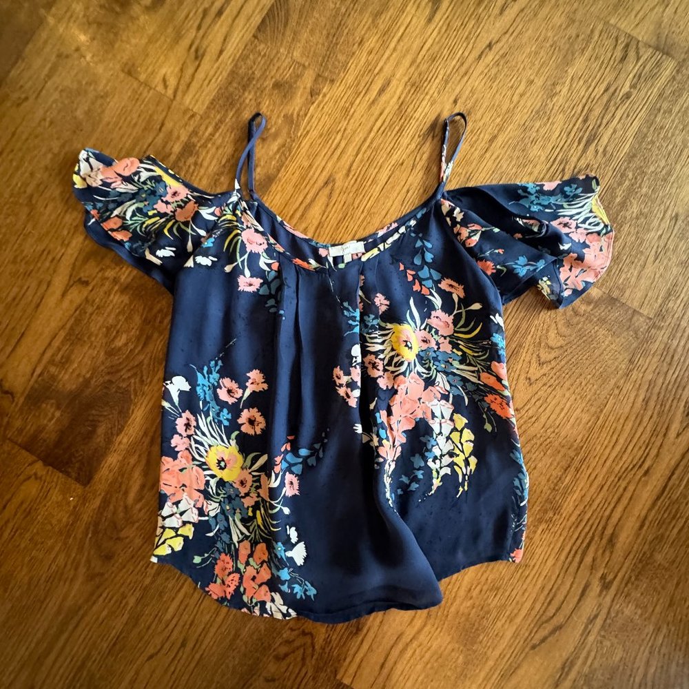 Joie Navy Floral Cold Shoulder blouse with Adjustable Straps - Size Small
